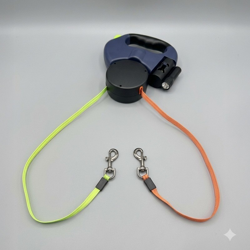 Laisse rétractable double pour chiens, poignée ergonomique avec lampe de poche et distributeur de sacs