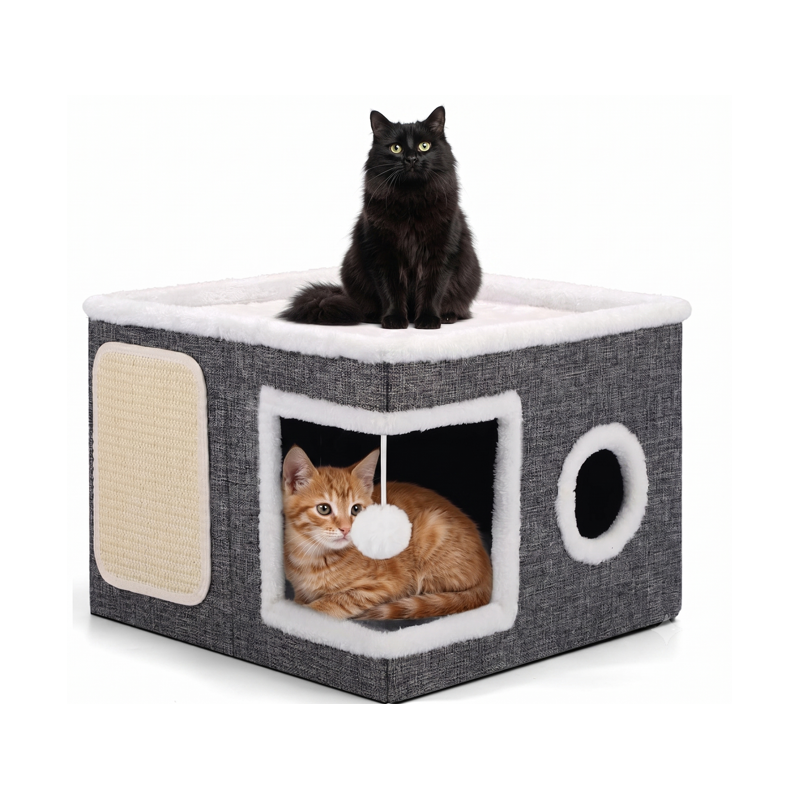 Maison très confortable pour votre chat , 43 x 43 x 32 cm, boule suspendue, fenêtre Ronde, cube pour chat à 2 niveaux