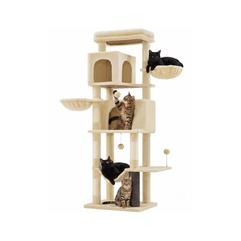 Arbre à chat de 175 cm de Haut, multi-Niveaux avec 2 niches, 2 paniers, 5 griffoirs, perchoir, hamac, beige sable