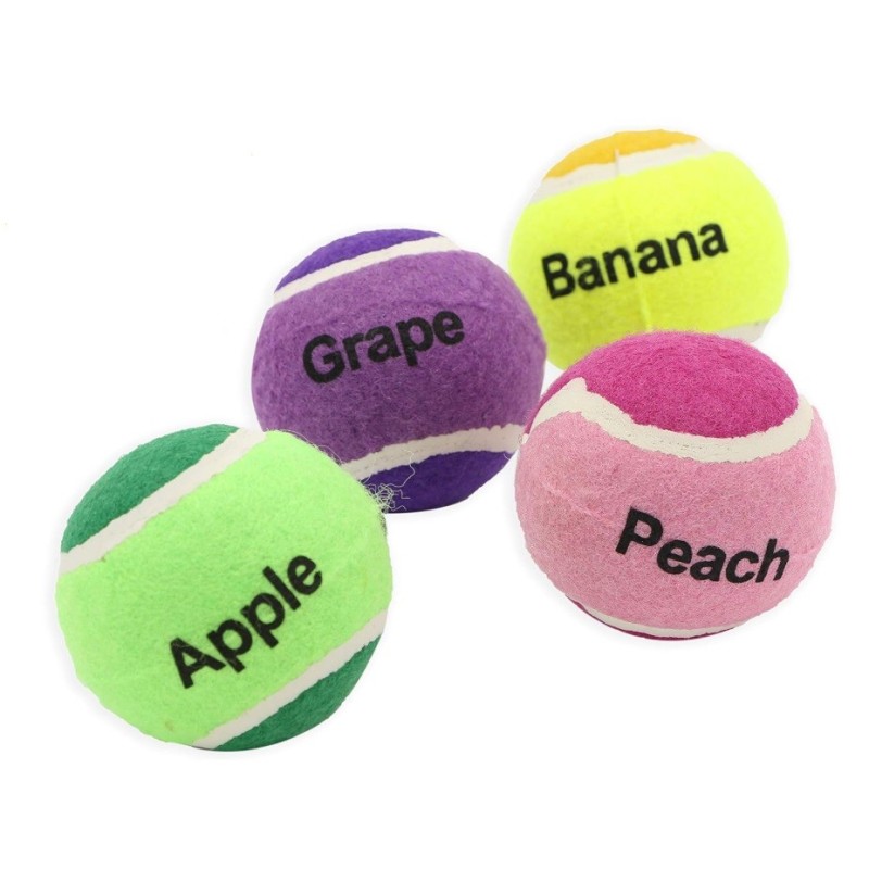 1 lot de 4 balles de tennis pour chien, parfum fruité (4 parfums différents: pomme, raisin, pêche et banane)